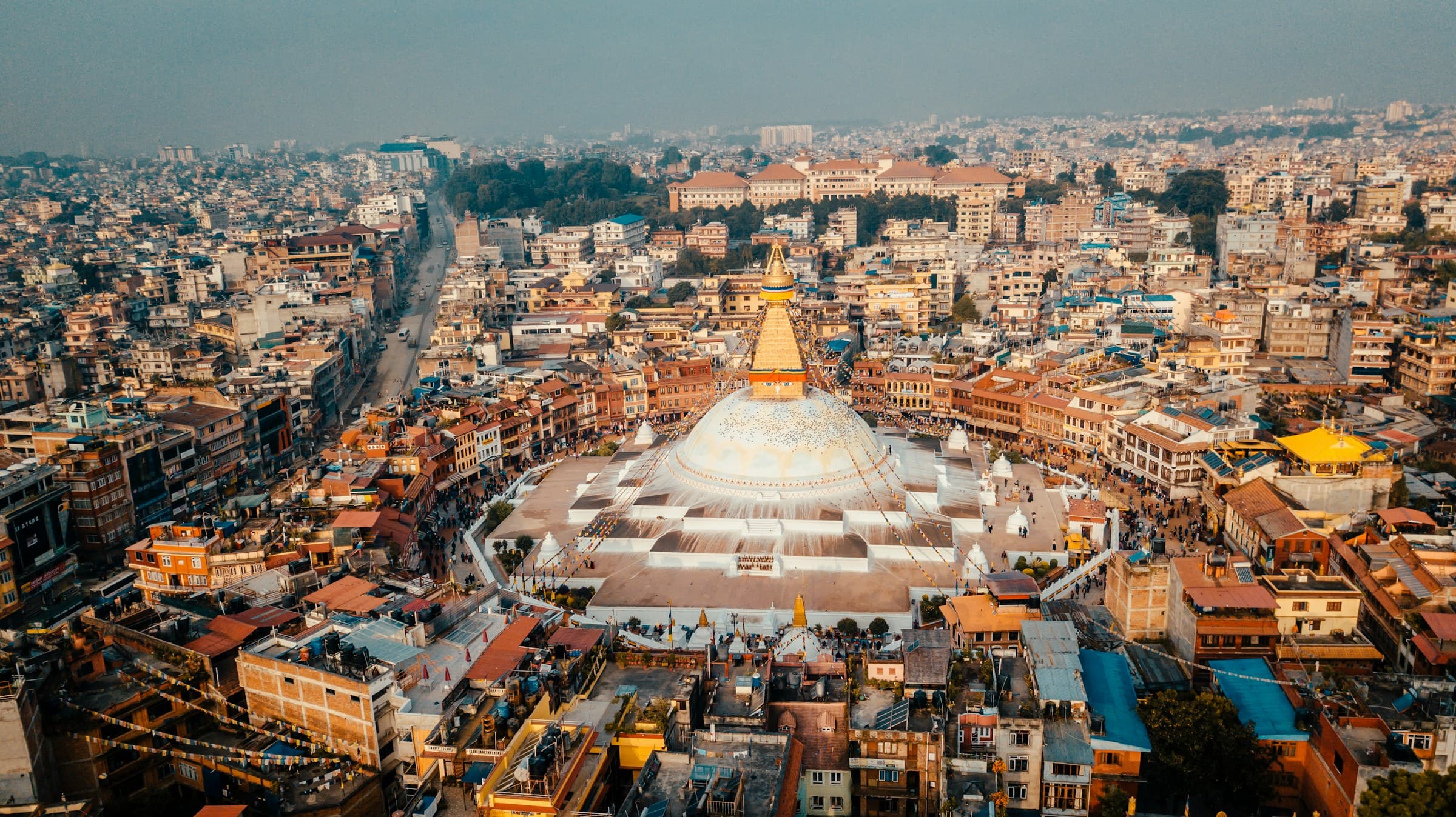 Aerial view of Boudhanath Stupa and the Kathmandu cityscape
